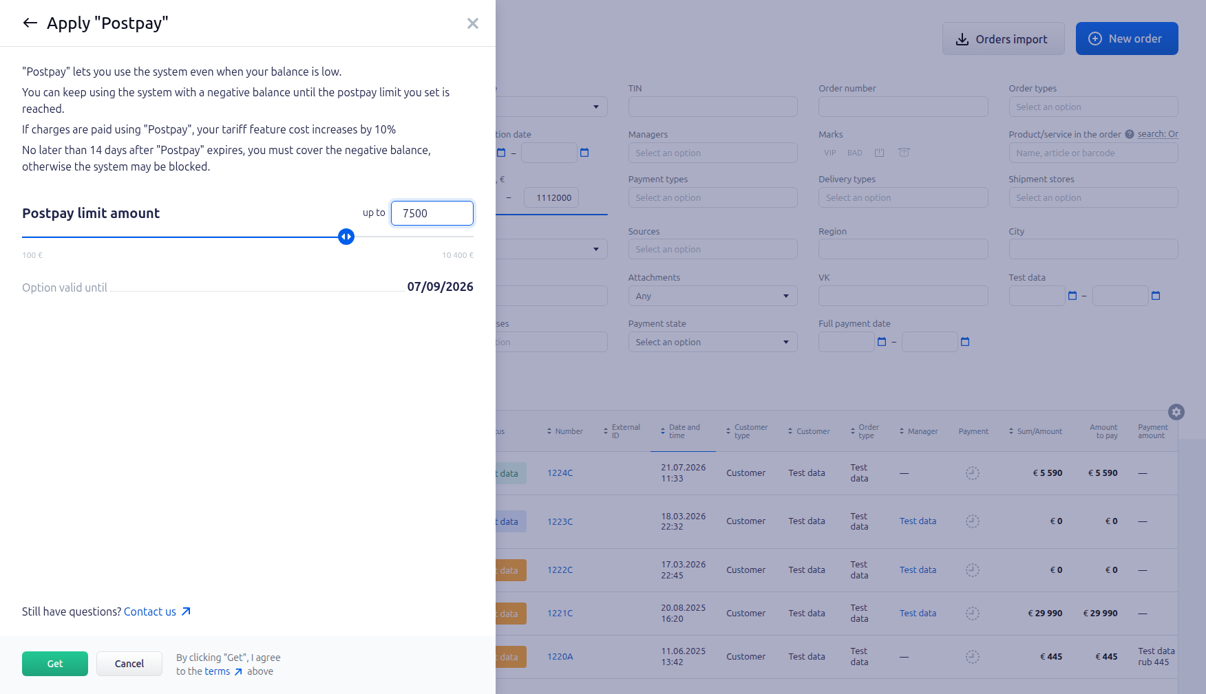 Selecting a post-payment limit with a 10% charge increase