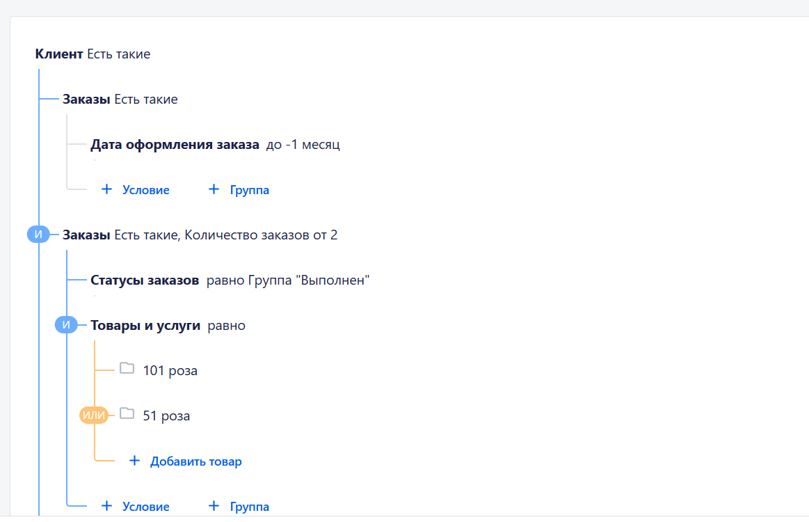 Пример сегмента по последней покупке и категории товаров